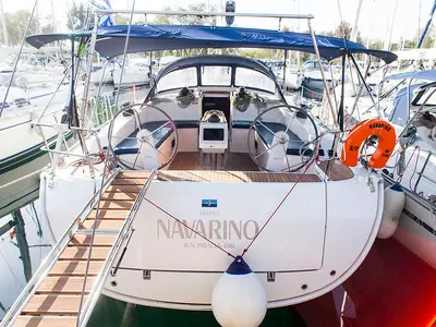 Cockpit of Navarino, a Bavaria Cruiser 51 sailboat at Kos, Greece