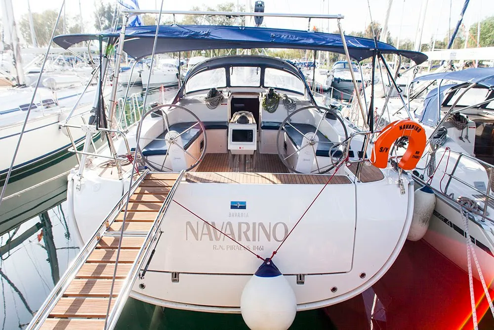 Cockpit of Navarino, a Bavaria Cruiser 51 sailboat at Kos, Greece