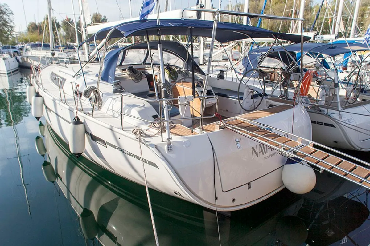 Exterior view of Navarino, a Bavaria Cruiser 51 sailboat at Kos, Greece