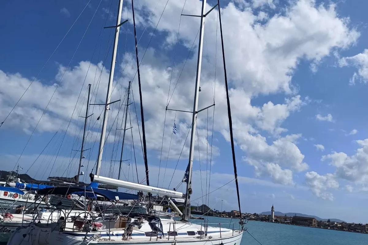 Exterior view of Lila, a Bavaria 46 Cruiser sailboat at Zakynthos Municipal Unit, Greece