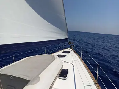 Deck of Lila, a Bavaria 46 Cruiser sailboat at Zakynthos Municipal Unit, Greece