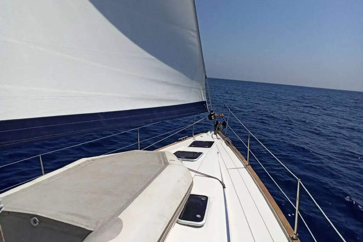 Deck of Lila, a Bavaria 46 Cruiser sailboat at Zakynthos Municipal Unit, Greece
