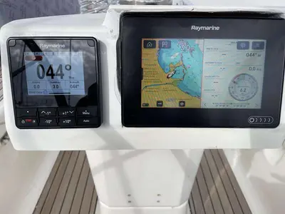 Cockpit of Lila, a Bavaria 46 Cruiser sailboat at Zakynthos Municipal Unit, Greece