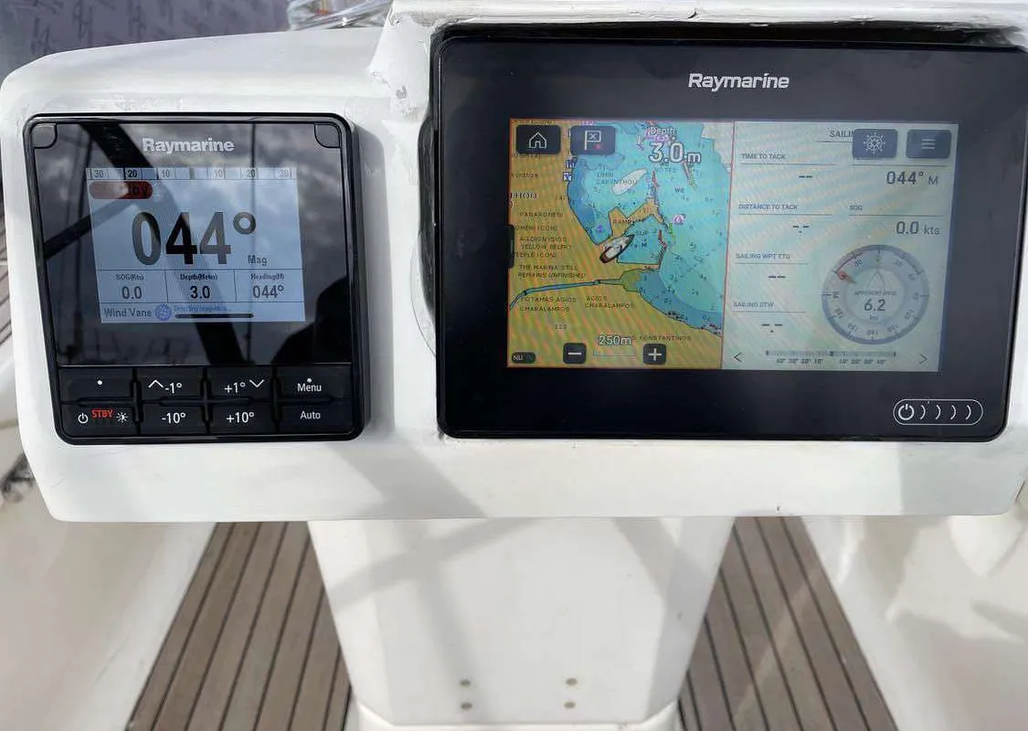 Cockpit of Lila, a Bavaria 46 Cruiser sailboat at Zakynthos Municipal Unit, Greece