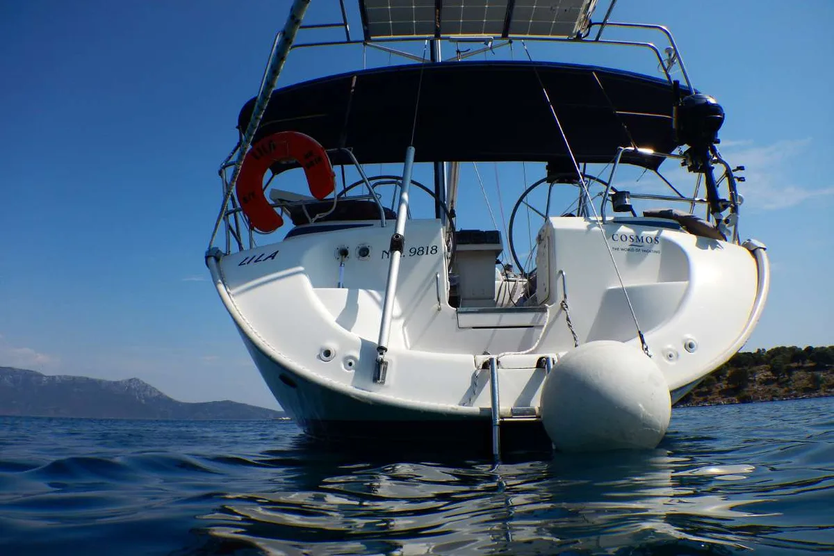 Exterior view of Lila, a Bavaria 46 Cruiser sailboat at Zakynthos Municipal Unit, Greece
