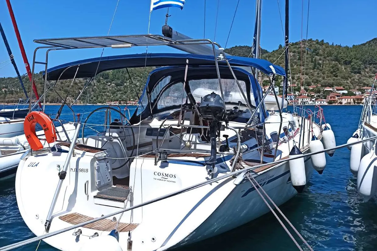 Exterior view of Lila, a Bavaria 46 Cruiser sailboat at Zakynthos Municipal Unit, Greece