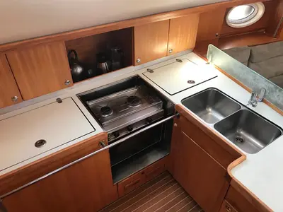 Galley of Alboran XXVI Piñacolada, a Elan Impression 434 sailboat at es Jonquet, Spain