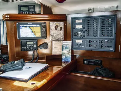 Cockpit of IRIDA, a Beneteau Oceanis 473 sailboat at Athens, Marina Delta Kallithea, Greece
