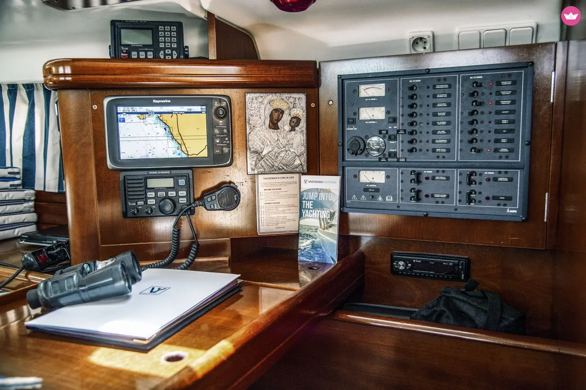 Cockpit of IRIDA, a Beneteau Oceanis 473 sailboat at Athens, Marina Delta Kallithea, Greece