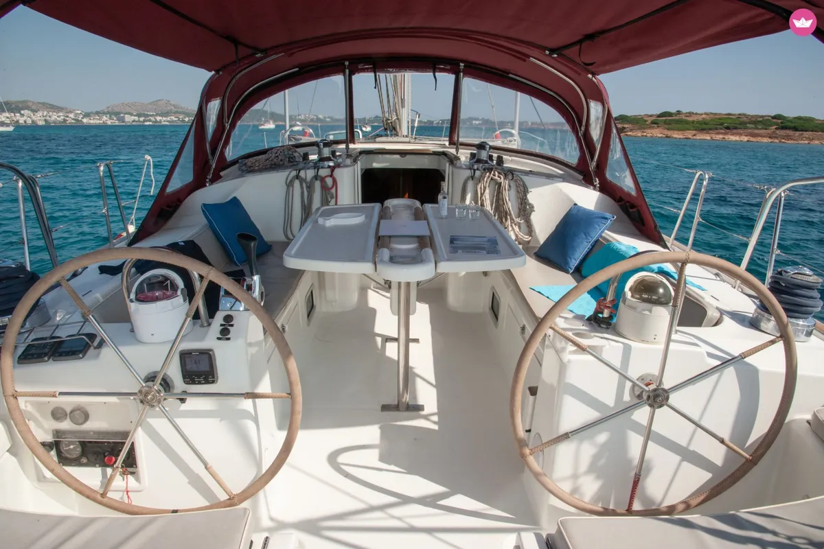 Cockpit of IRIDA, a Beneteau Oceanis 473 sailboat at Athens, Marina Delta Kallithea, Greece