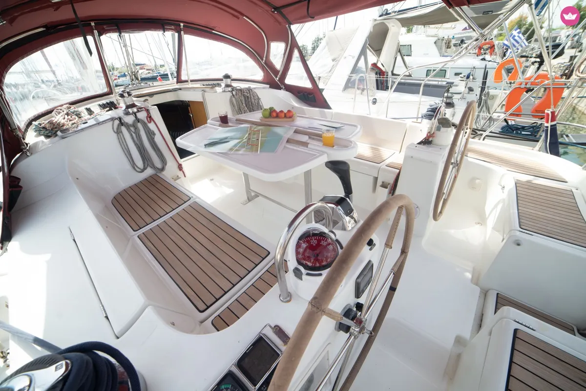 Cockpit of IRIDA, a Beneteau Oceanis 473 sailboat at Athens, Marina Delta Kallithea, Greece
