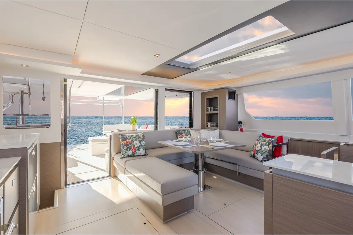 Salon of Nirvana, a Leopard 50 catamaran at Ribishi, Saint Vincent and the Grenadines