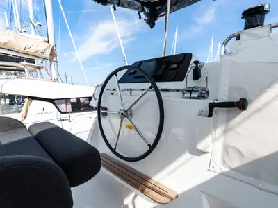 Cockpit of Capovento II, a Lagoon 42 catamaran at Capo d'Orlando, Italy