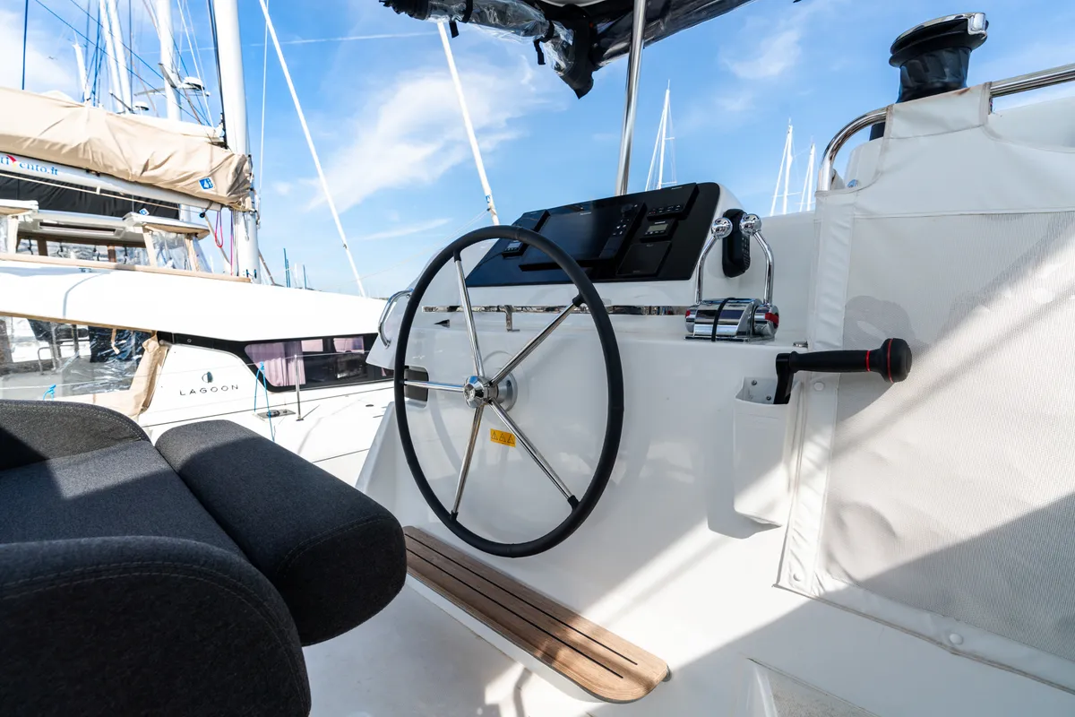 Cockpit of Capovento II, a Lagoon 42 catamaran at Capo d'Orlando, Italy