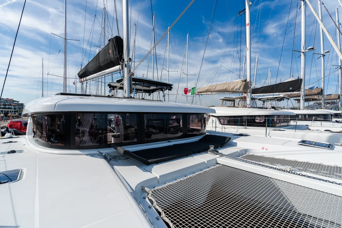 Exterior view of Capovento II, a Lagoon 42 catamaran at Capo d'Orlando, Italy