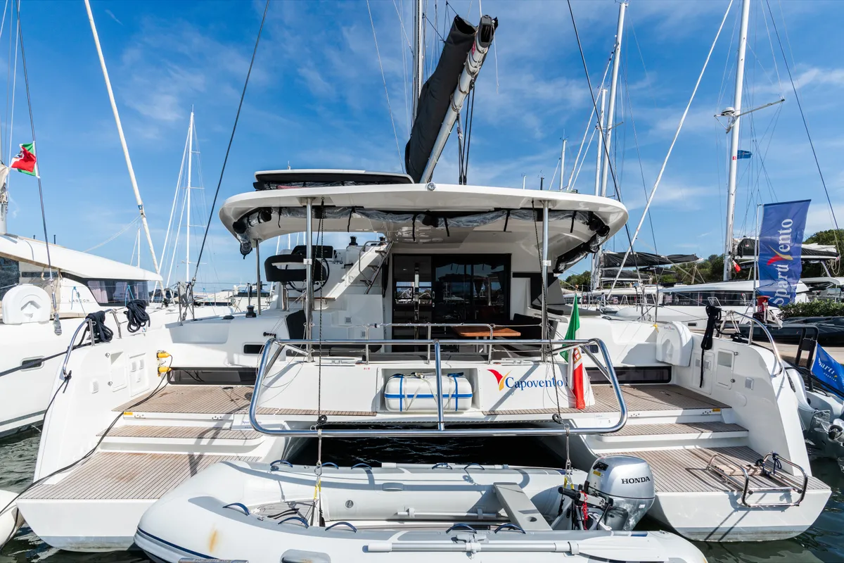 Exterior view of Capovento II, a Lagoon 42 catamaran at Capo d'Orlando, Italy