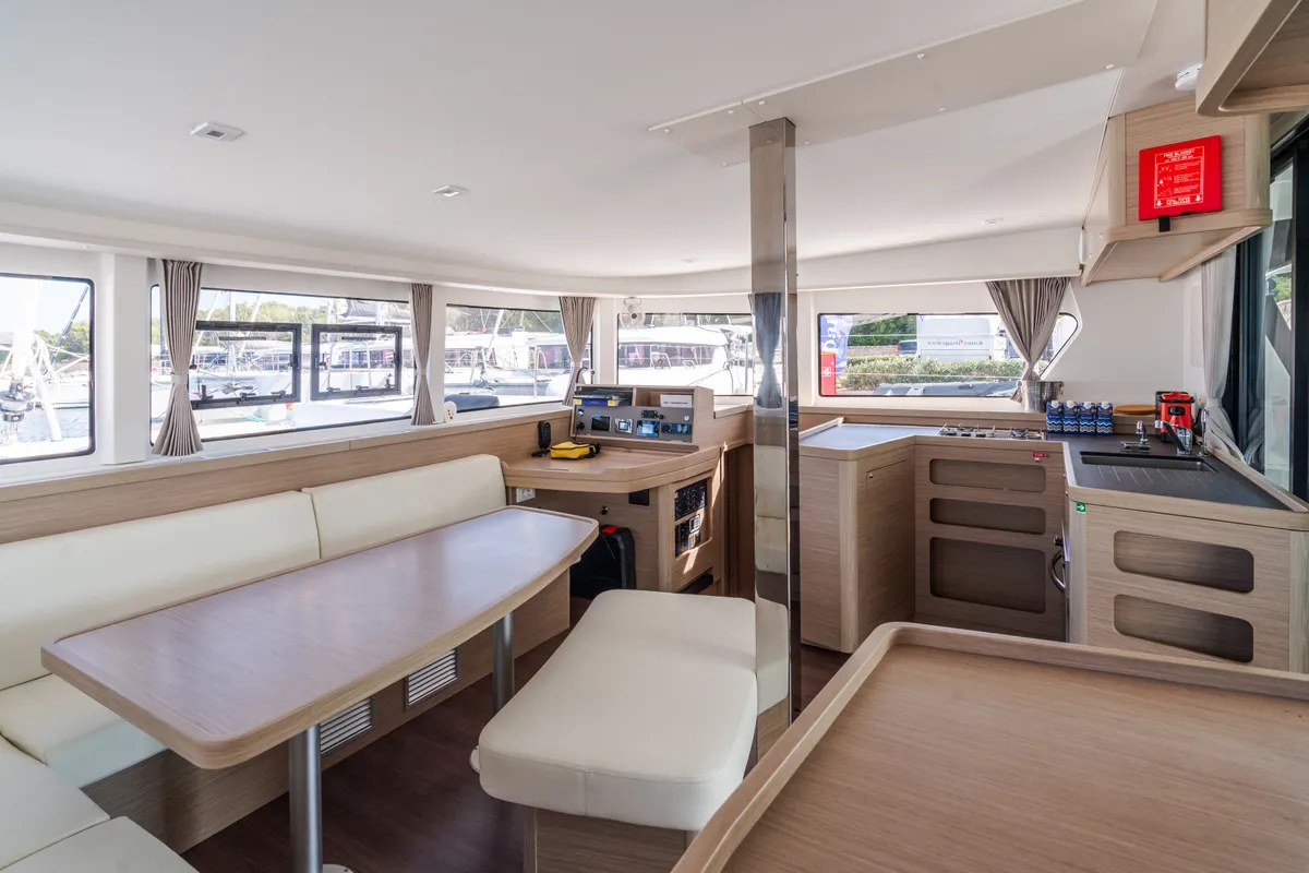 Salon of Capovento II, a Lagoon 42 catamaran at Capo d'Orlando, Italy