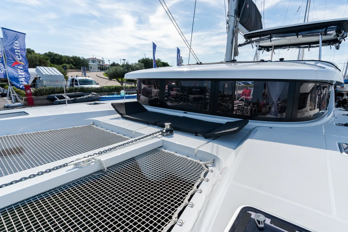 Deck of Capovento II, a Lagoon 42 catamaran at Capo d'Orlando, Italy