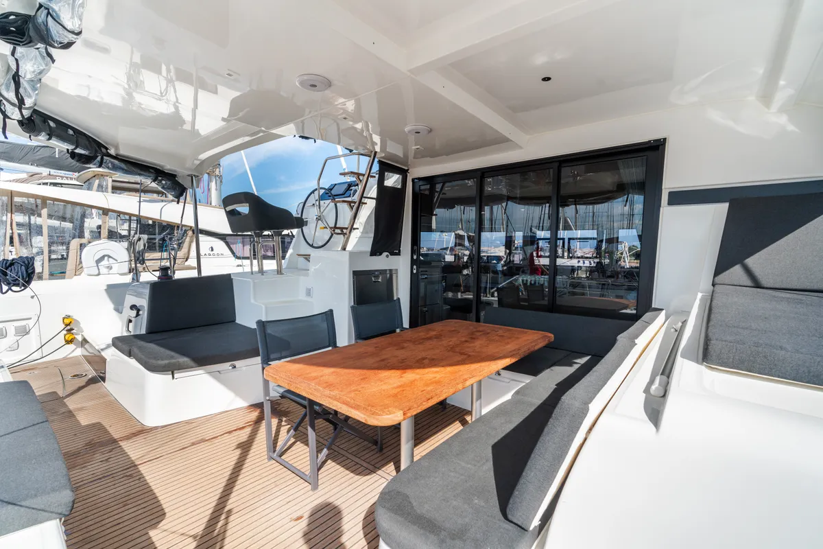 Deck of Capovento II, a Lagoon 42 catamaran at Capo d'Orlando, Italy