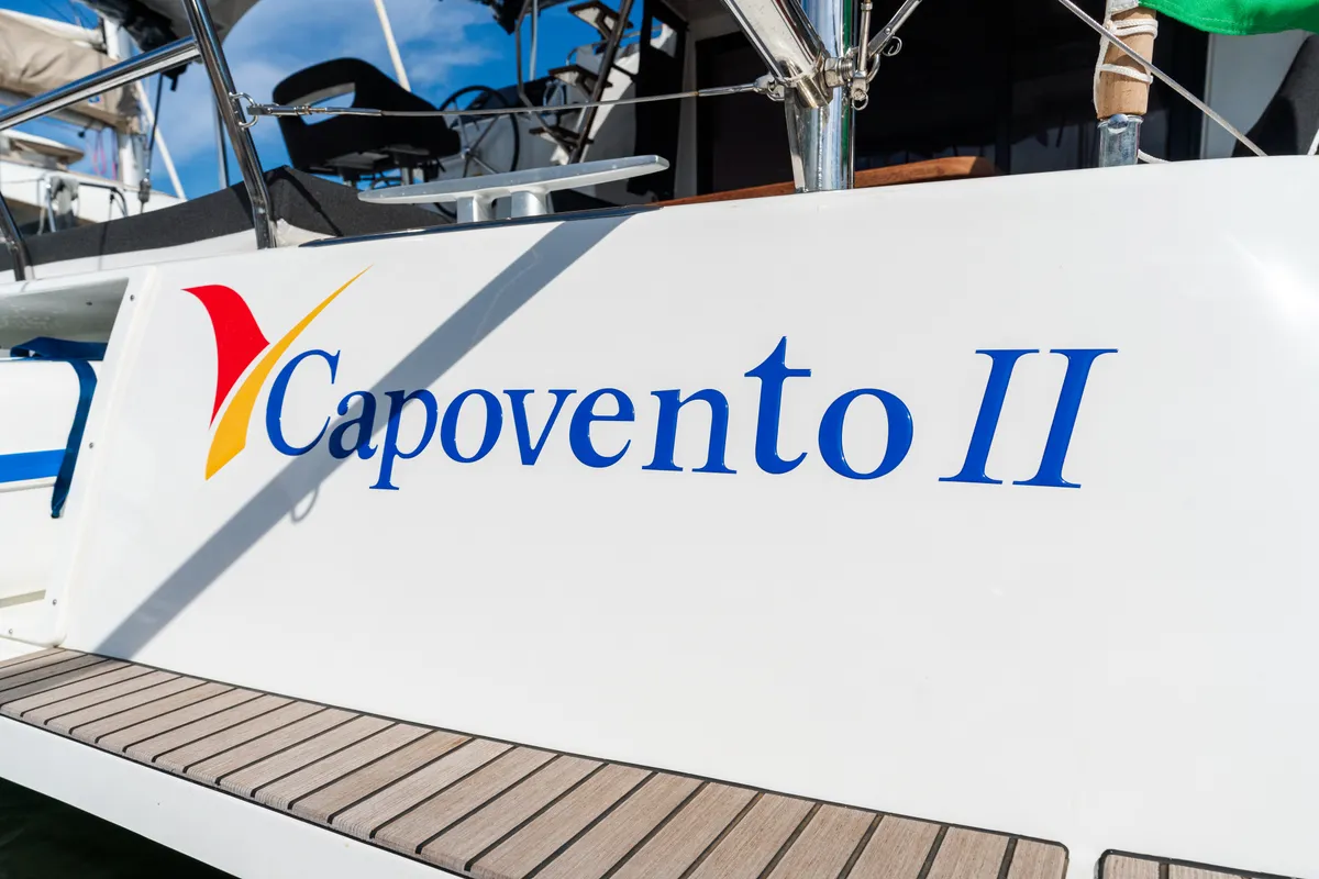 Exterior view of Capovento II, a Lagoon 42 catamaran at Capo d'Orlando, Italy