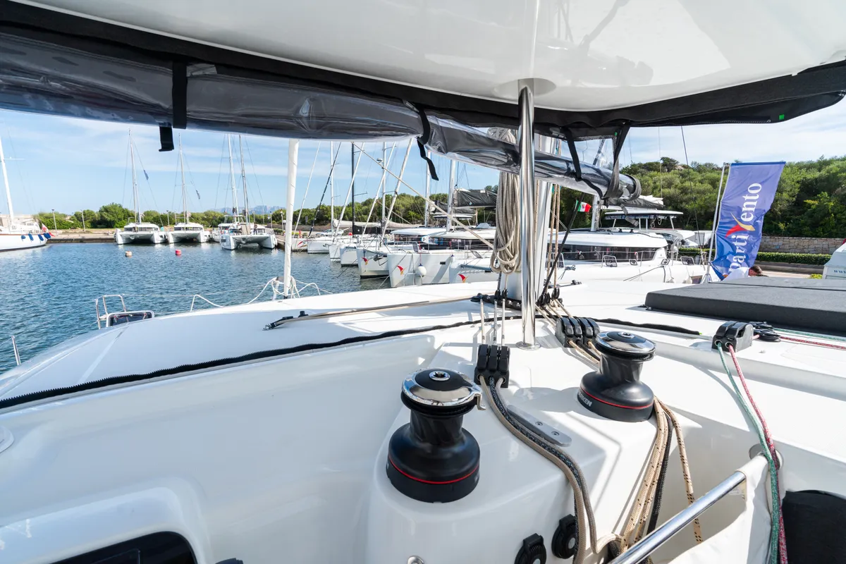 Deck of Capovento II, a Lagoon 42 catamaran at Capo d'Orlando, Italy