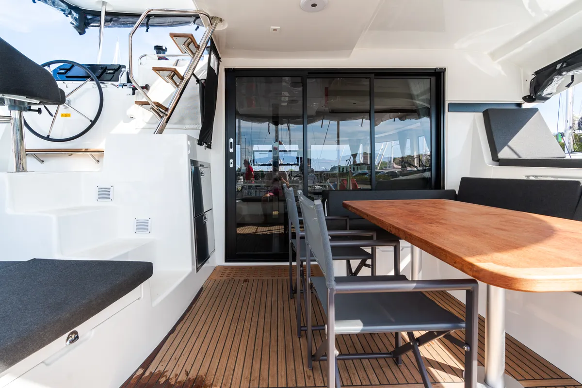 Deck of Capovento II, a Lagoon 42 catamaran at Capo d'Orlando, Italy