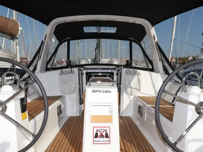 Cockpit of Dama, a Beneteau Oceanis 38.1 sailboat at Grad Biograd na Moru, Croatia