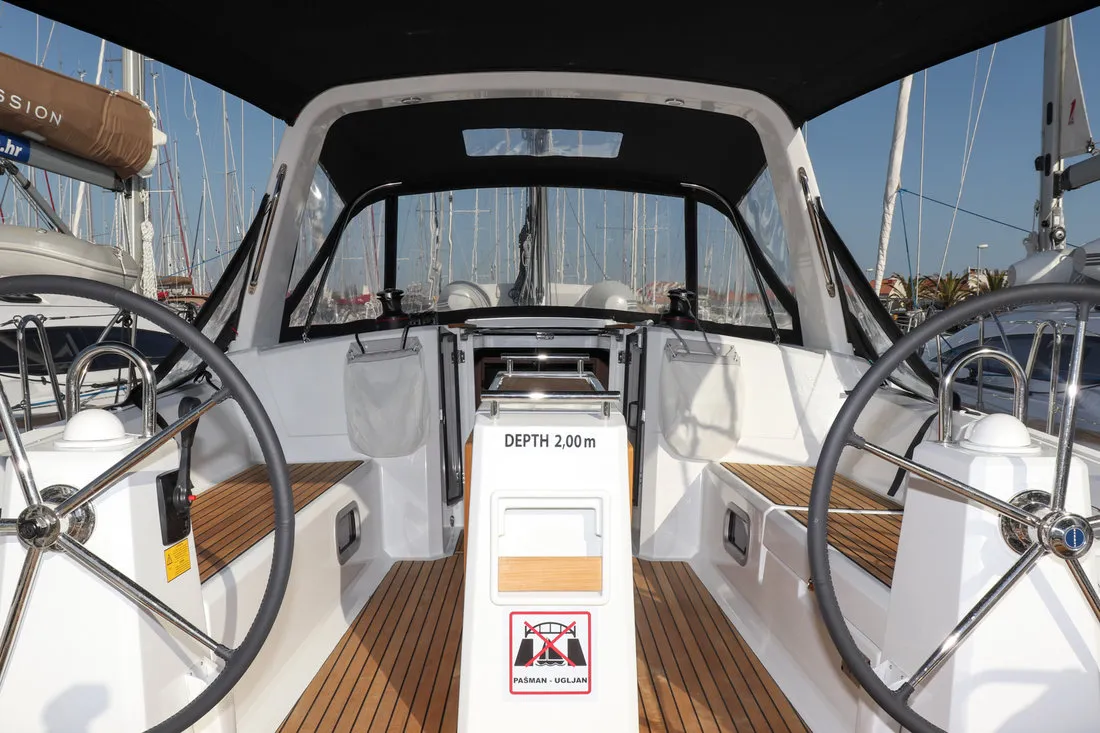Cockpit of Dama, a Beneteau Oceanis 38.1 sailboat at Grad Biograd na Moru, Croatia