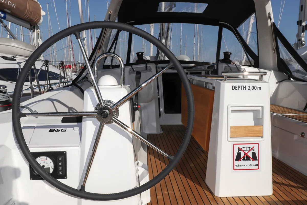 Cockpit of Dama, a Beneteau Oceanis 38.1 sailboat at Grad Biograd na Moru, Croatia