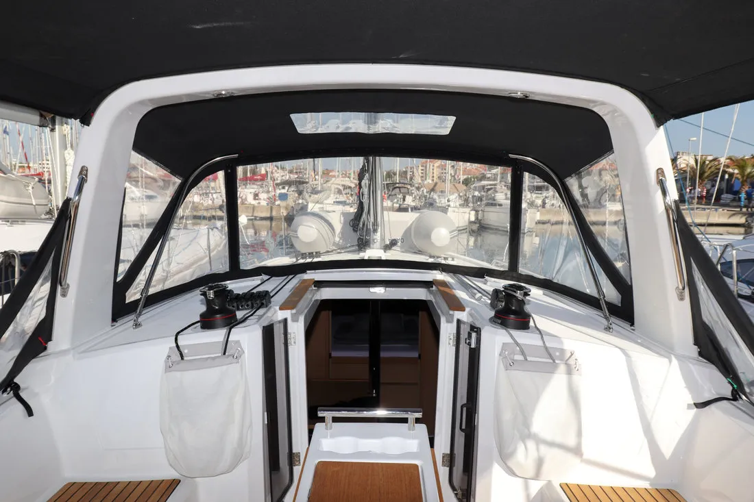 Cockpit of Dama, a Beneteau Oceanis 38.1 sailboat at Grad Biograd na Moru, Croatia