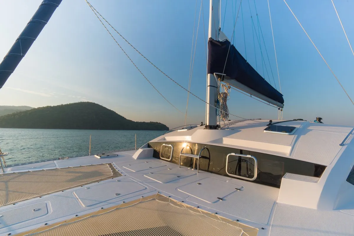 Deck of Vesna, a Island Spirit 410 catamaran at Baan Salak Phet, Thailand