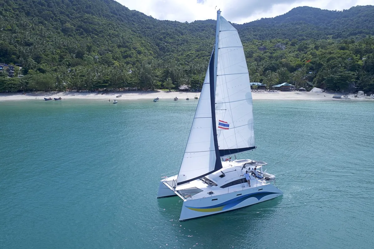 Exterior view of Vesna, a Island Spirit 410 catamaran at Baan Salak Phet, Thailand