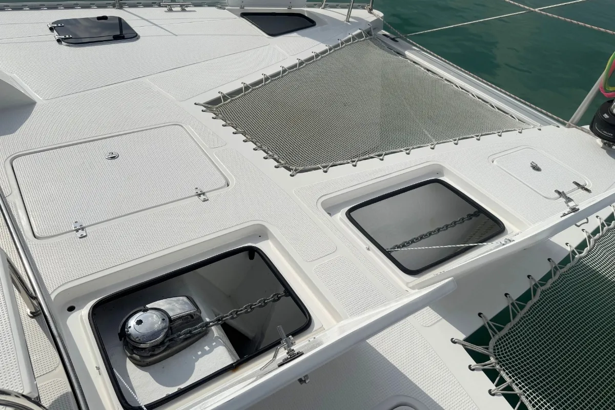 Deck of Gauthai, a Island Spirit 410 catamaran at Mai Khao, Thailand