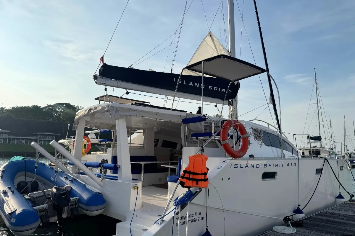 Exterior view of Gauthai, a Island Spirit 410 catamaran at Mai Khao, Thailand