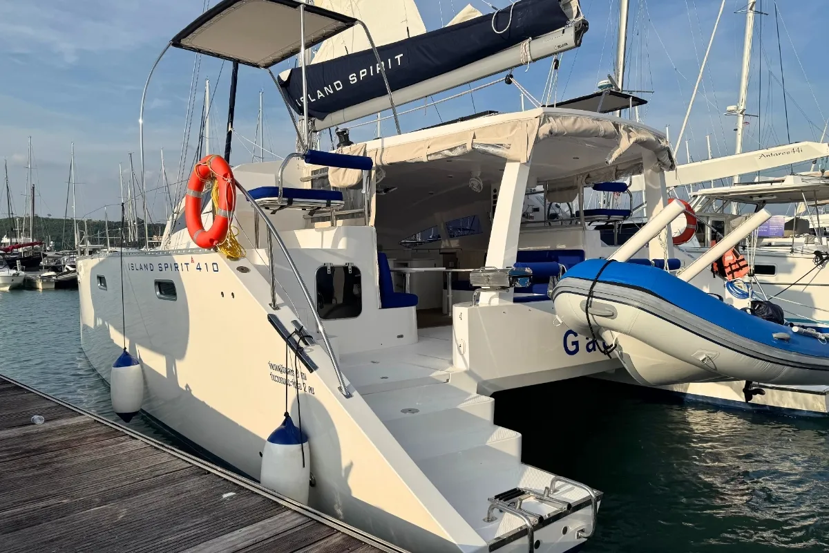 Exterior view of Gauthai, a Island Spirit 410 catamaran at Mai Khao, Thailand
