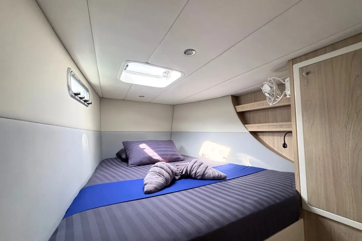 Cabin on Gauthai, a Island Spirit 410 catamaran at Mai Khao, Thailand