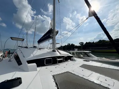 Deck of Gauthai, a Island Spirit 410 catamaran at Mai Khao, Thailand