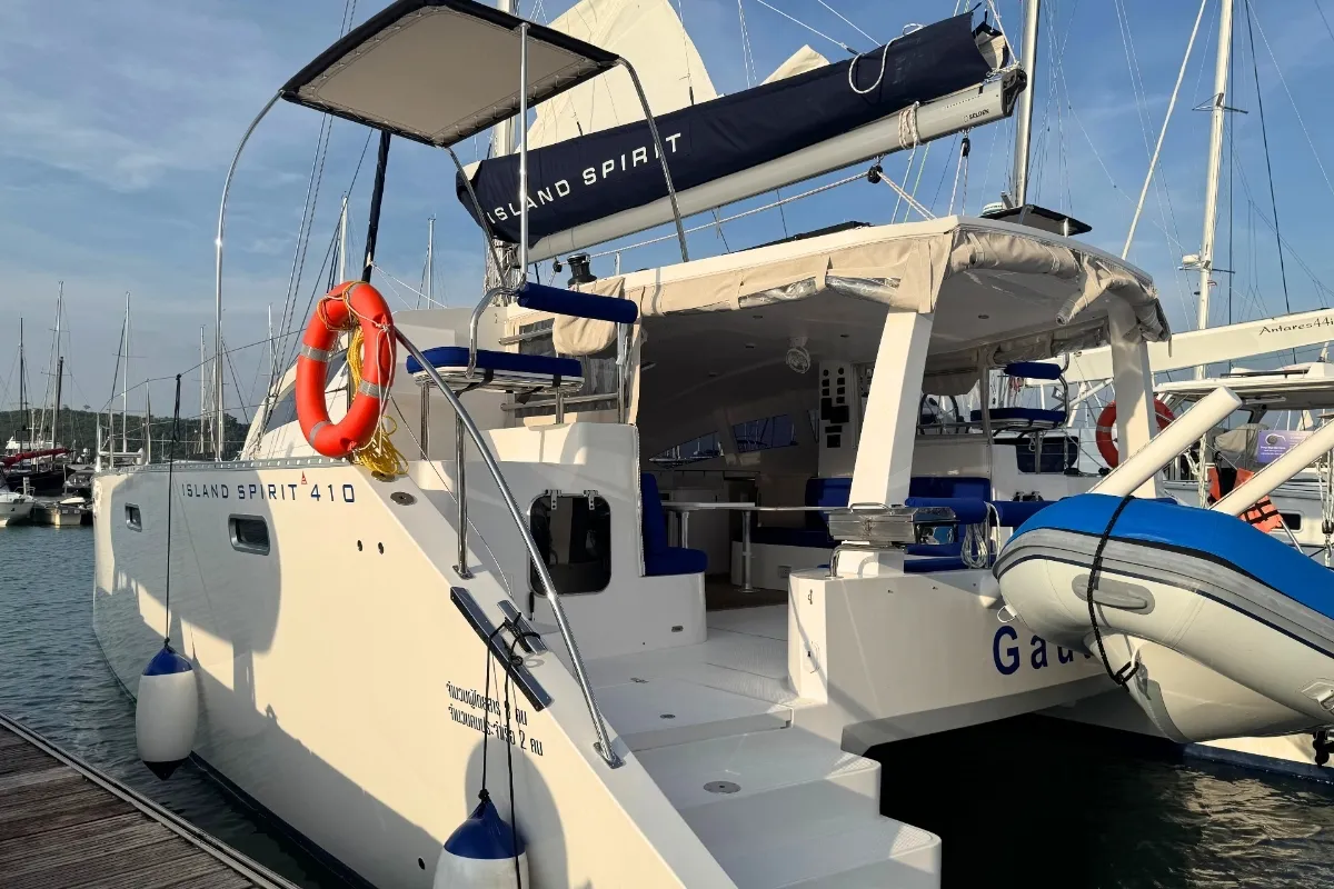 Exterior view of Gauthai, a Island Spirit 410 catamaran at Mai Khao, Thailand
