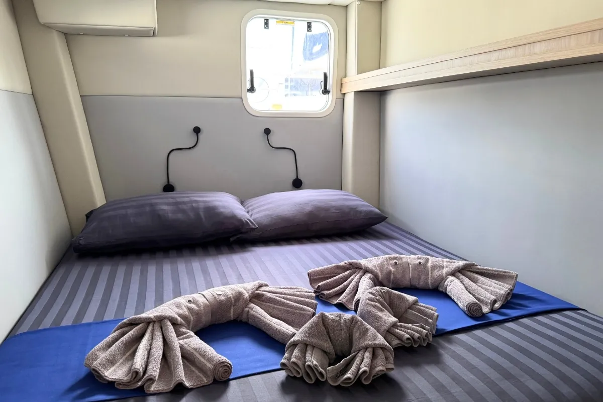 Cabin on Gauthai, a Island Spirit 410 catamaran at Mai Khao, Thailand
