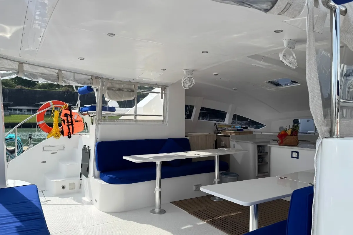 Deck of Gauthai, a Island Spirit 410 catamaran at Mai Khao, Thailand