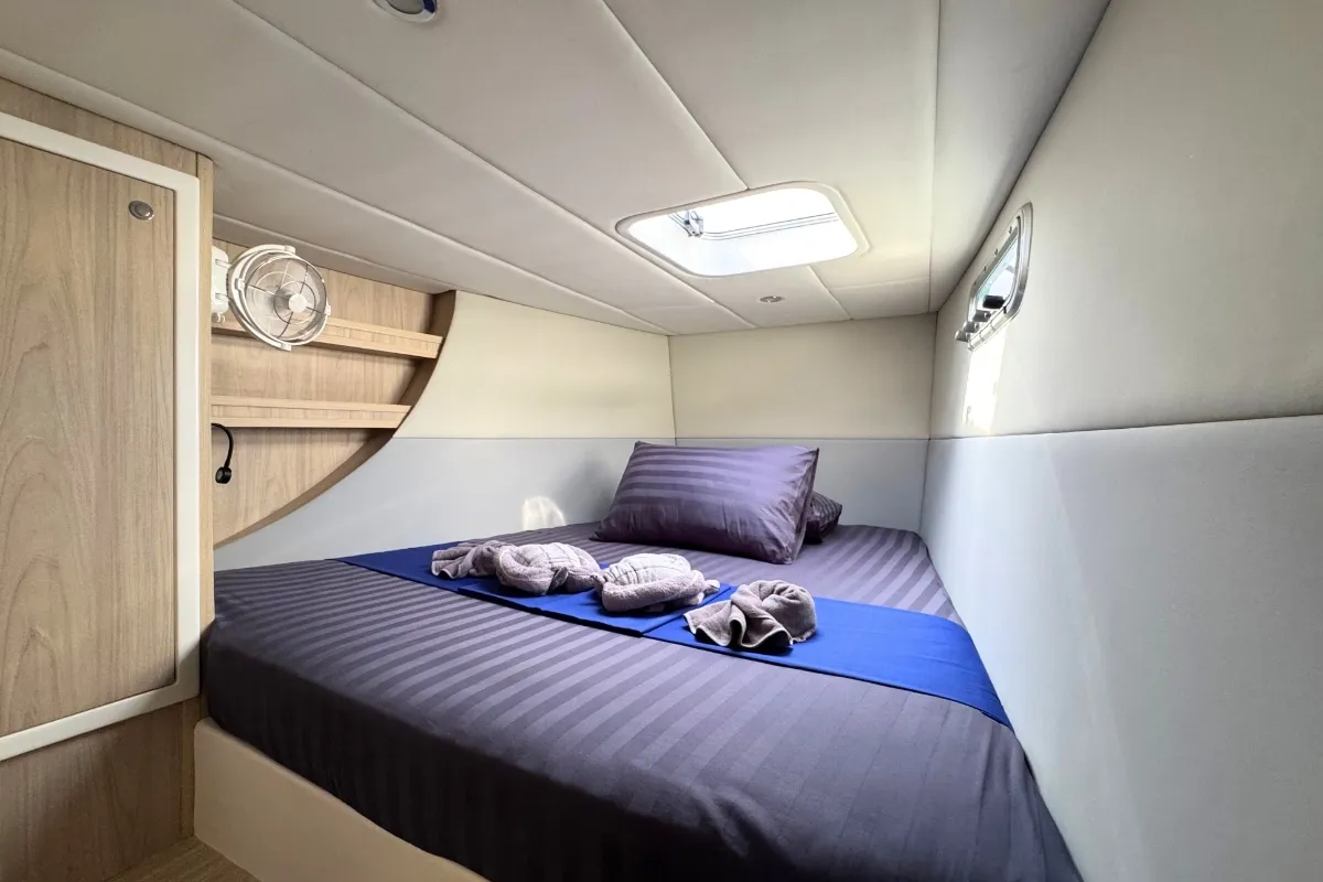 Cabin on Gauthai, a Island Spirit 410 catamaran at Mai Khao, Thailand