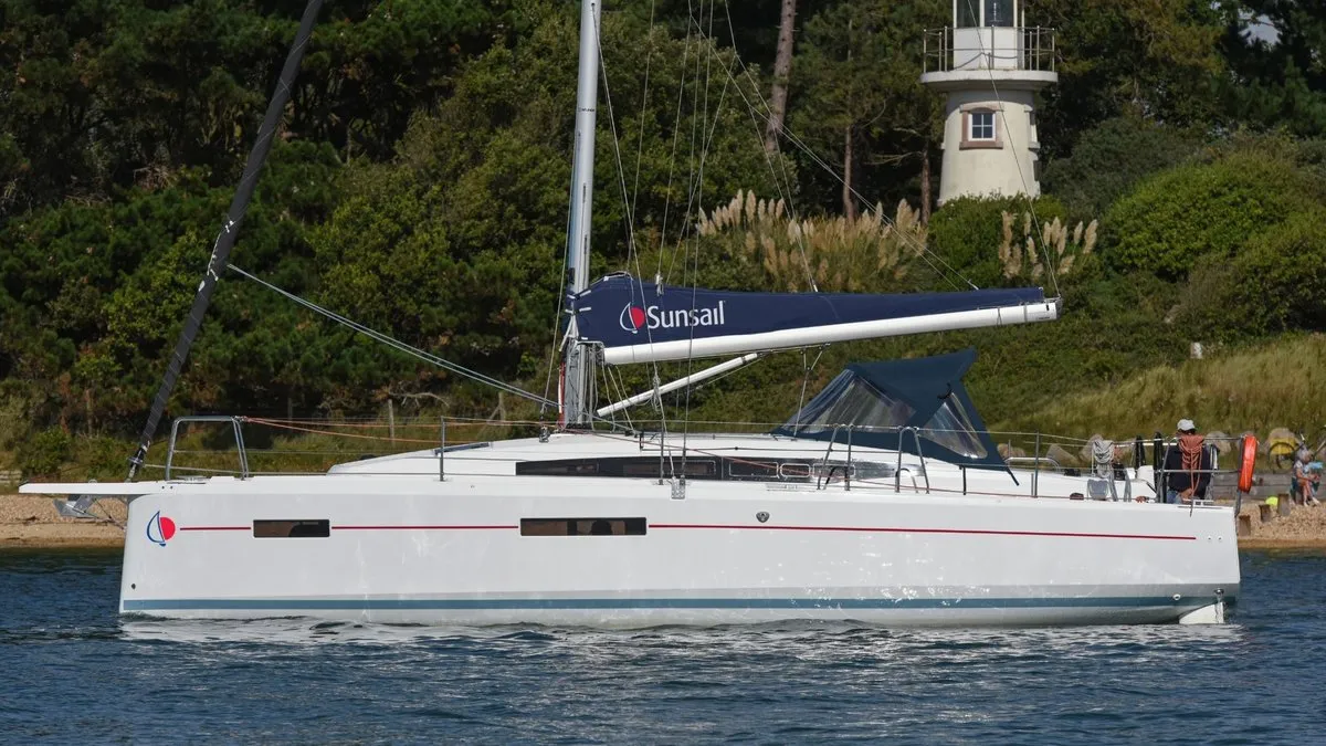 Exterior view of Sunsail 38.0 Premium, a Jeanneau Sun Odyssey 380 sailboat at Cannigione, Italy