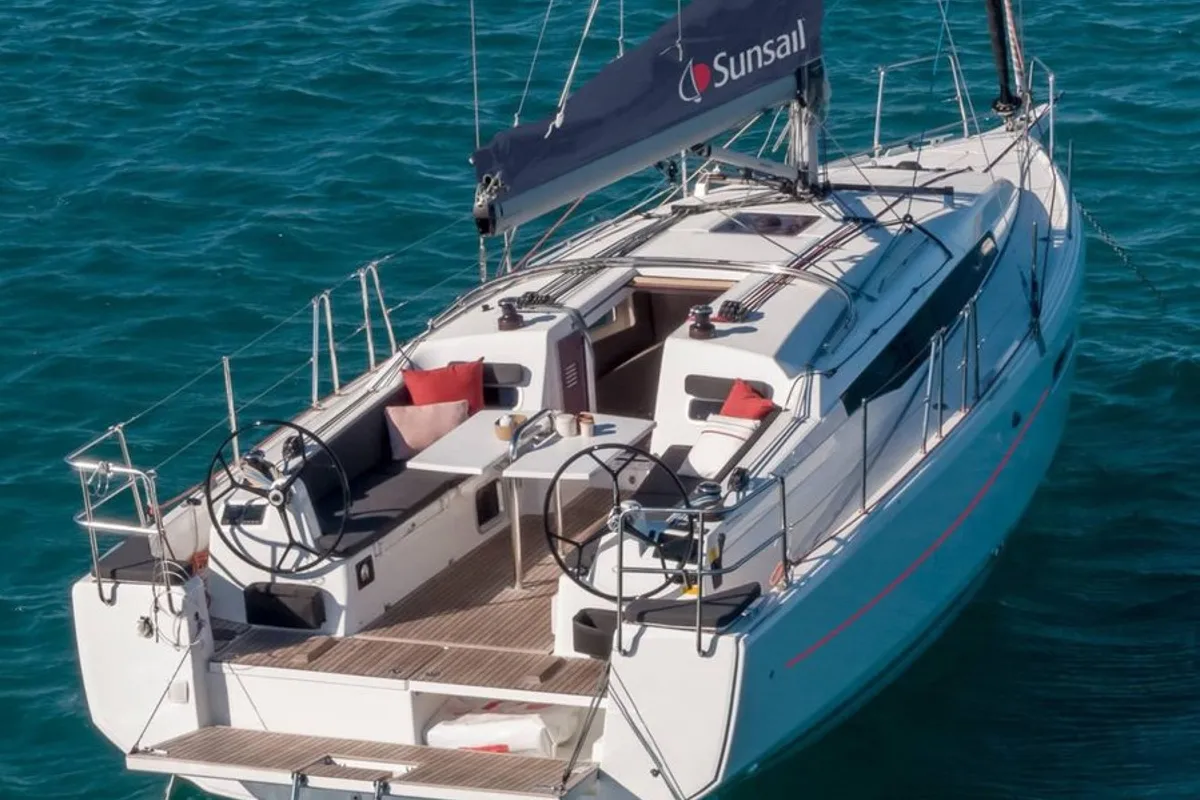 Exterior view of Sunsail 38.0 Premium, a Jeanneau Sun Odyssey 380 sailboat at Cannigione, Italy