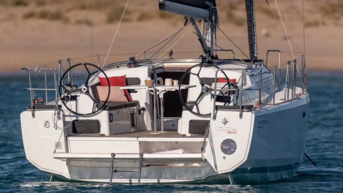 Deck of Sunsail 38.0 Premium, a Jeanneau Sun Odyssey 380 sailboat at Cannigione, Italy