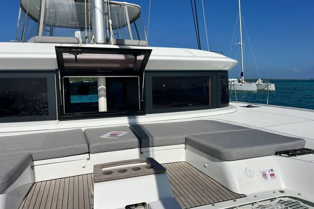 Deck of Nowo, a Lagoon 51 catamaran at Roche Caiman, Seychelles