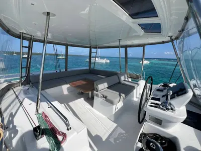 Cockpit of Nowo, a Lagoon 51 catamaran at Roche Caiman, Seychelles