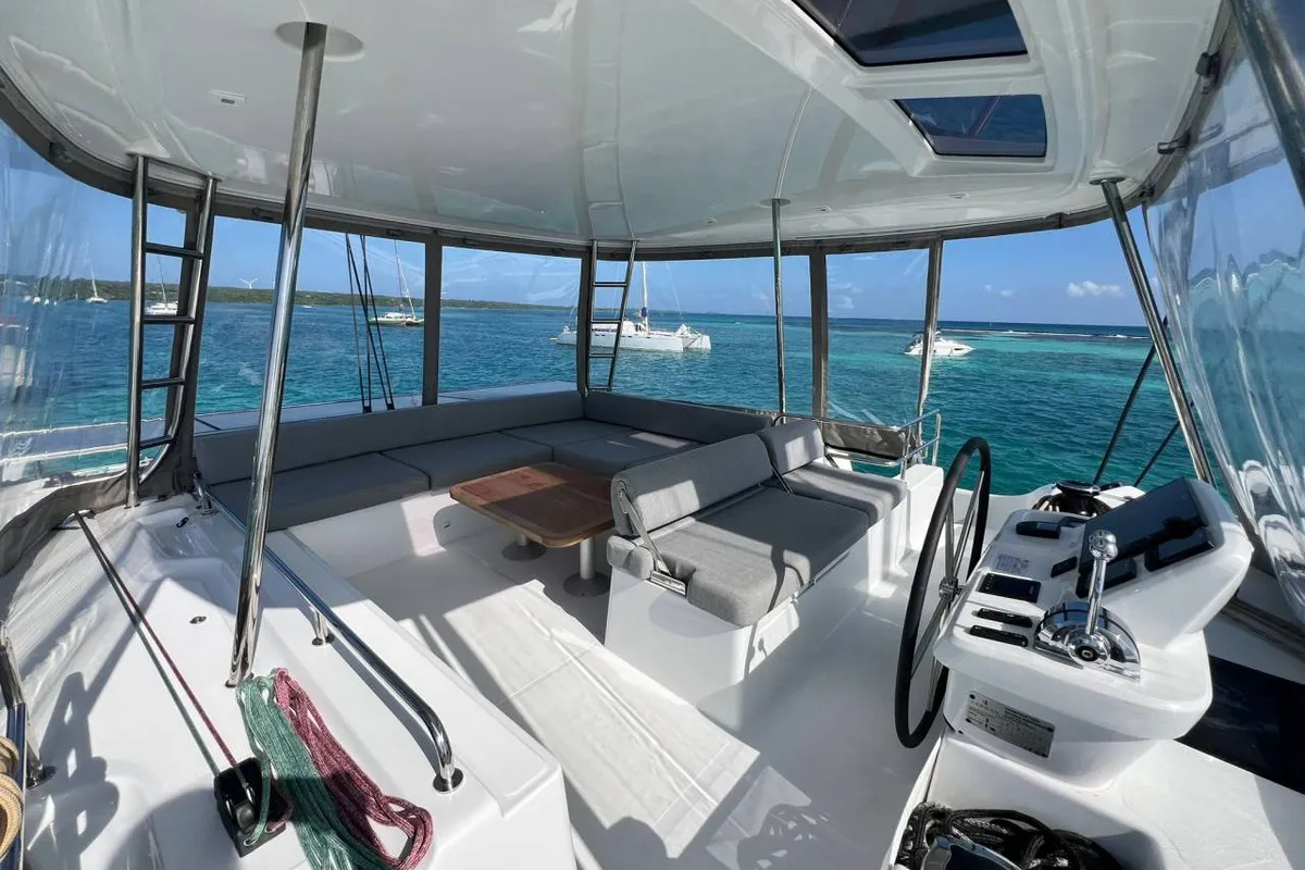 Cockpit of Nowo, a Lagoon 51 catamaran at Roche Caiman, Seychelles