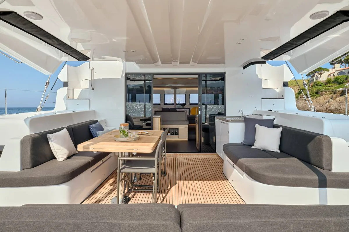 Deck of Nowo, a Lagoon 51 catamaran at Roche Caiman, Seychelles