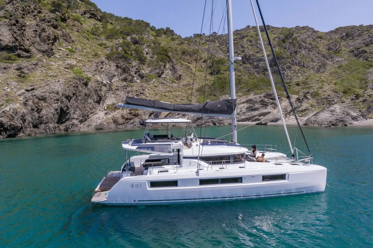 Exterior view of Nowo, a Lagoon 51 catamaran at Roche Caiman, Seychelles