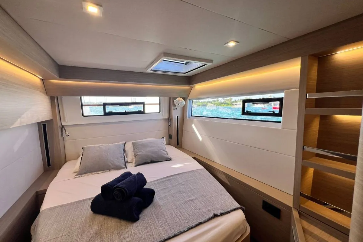 Cabin on Nowo, a Lagoon 51 catamaran at Roche Caiman, Seychelles